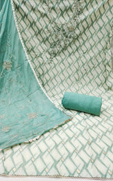 Blue and White Floral Cotton Banarasi Handwork Unstitched Suit